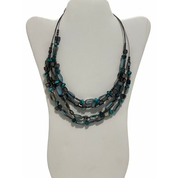 Layered Beaded Gemstone Statement Necklace Turquoise Color‎ Beads Blue Gunmetal - Picture 1 of 11